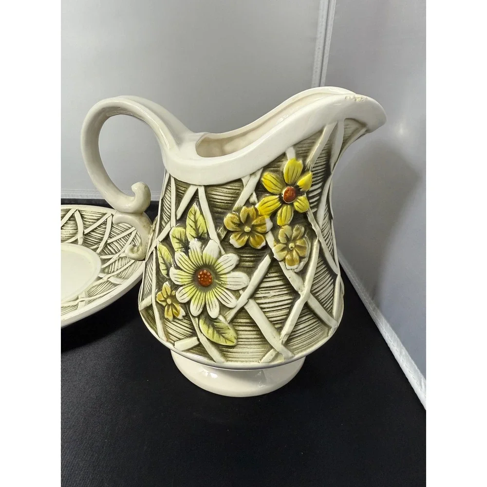 1970 Vintage Wales Ceramic Butterfly Flower‎ Pitcher Vase and Saucer Plate set